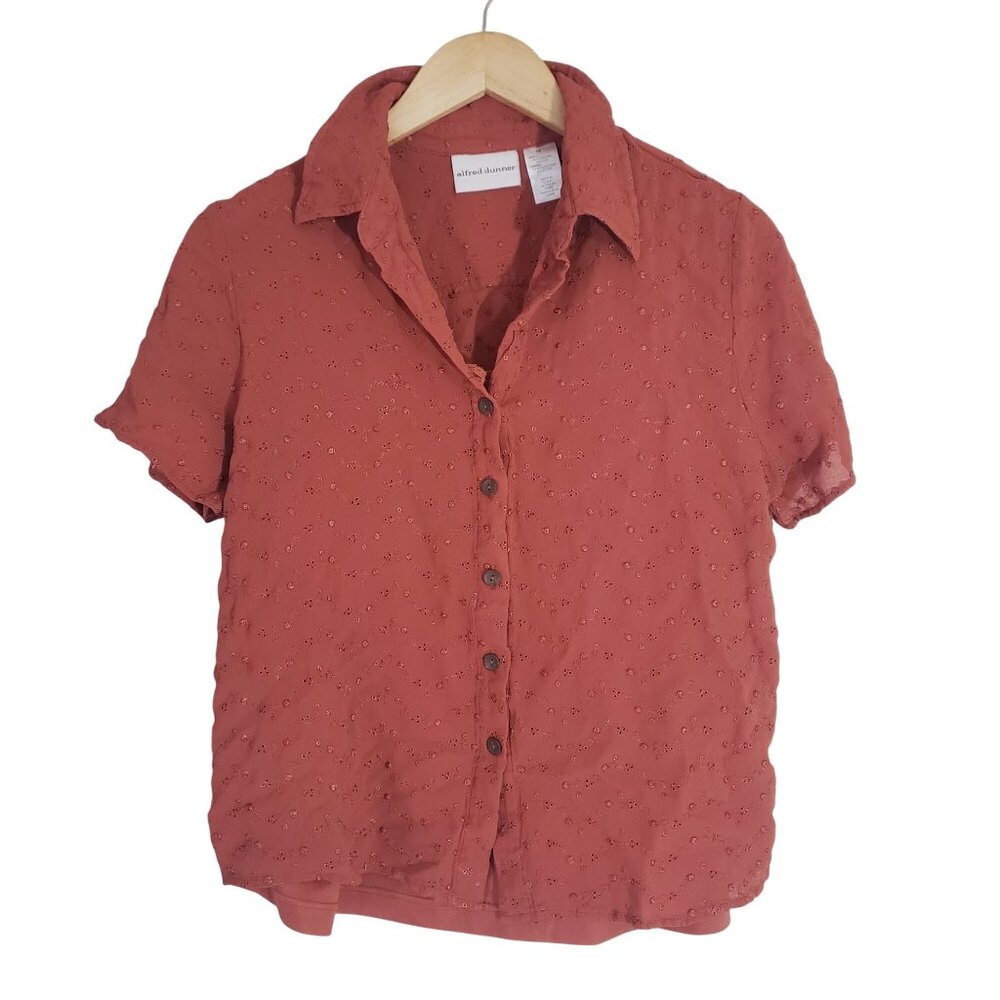 Alfred Dunner Womens Y2K Rust Eyelet Button-Up Shirt Size 14 Short Sleeve Casual